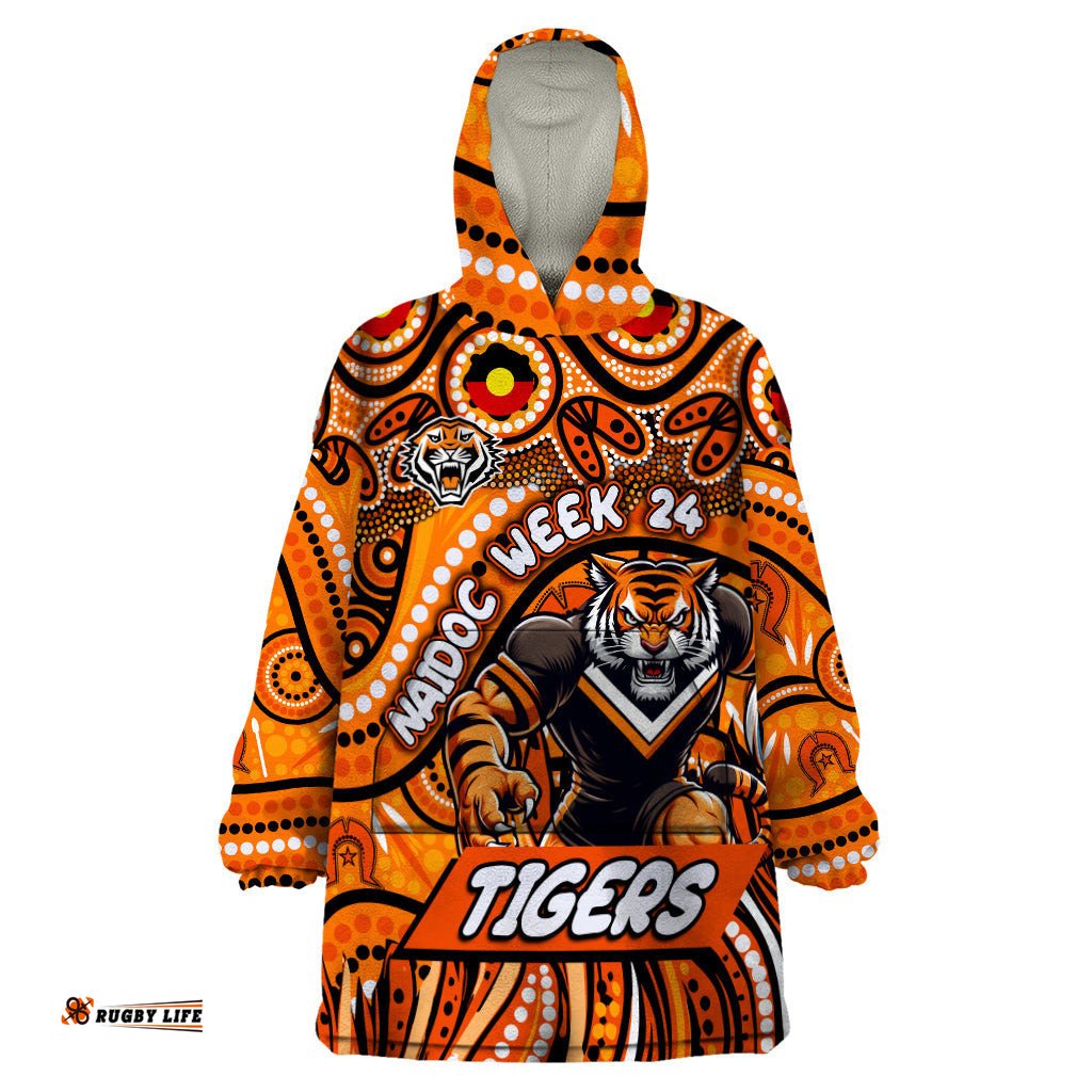 custom australia naidoc week 2024 wearable blanket hoodie wests tigers mascot keep the fire burning dt02