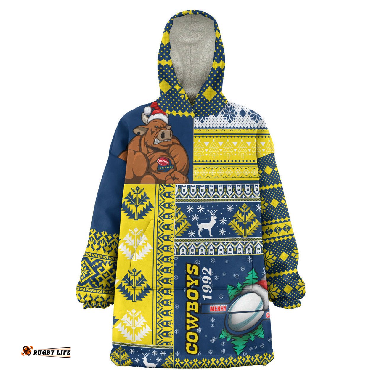 North Queensland Cowboys Snug Hoodie - Custom Christmas Snowflakes North Queensland Cowboys Mascot Oodie Blanket