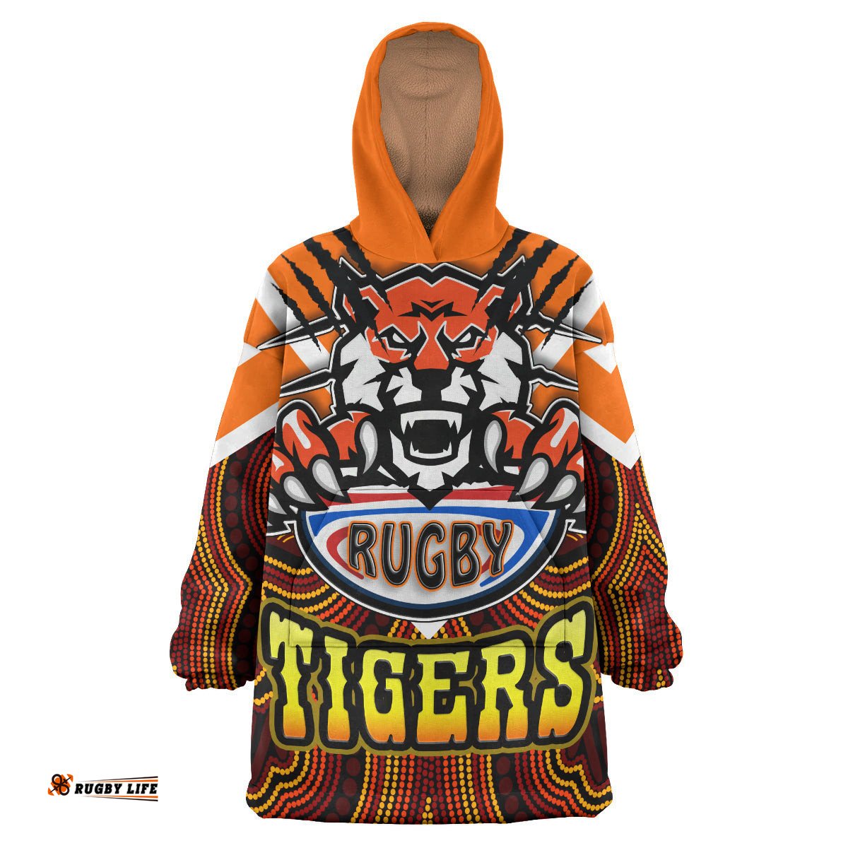 tigers rugby snug hoodie custom tiger rugby holding ball aboriginal style pattern oodie blanket