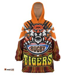 tigers rugby snug hoodie custom tiger rugby holding ball aboriginal style pattern oodie blanket