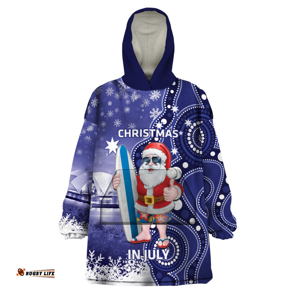 christmas in july australia wearable blanket hoodie santa surfboard sydney opera house blue