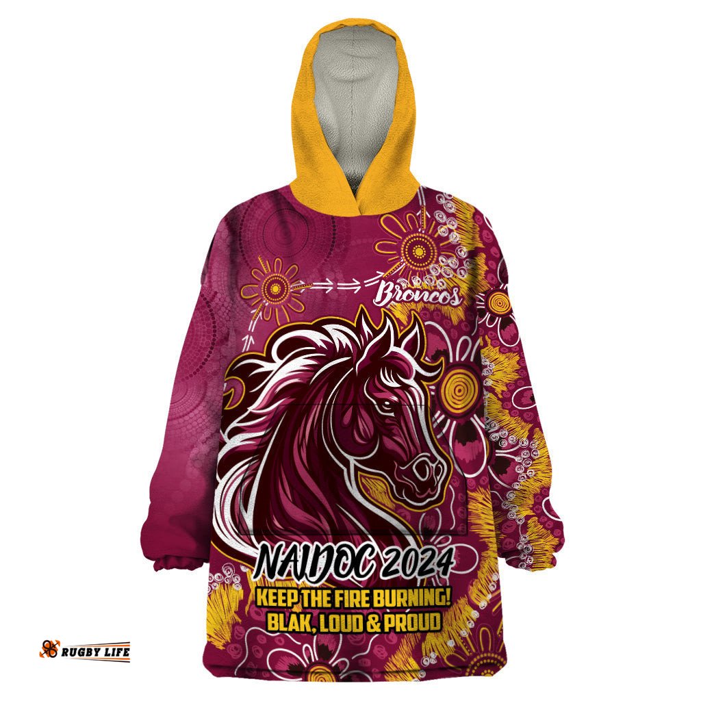 personalised broncos naidoc week 2024 wearable blanket hoodie aboriginal fire burning sparks
