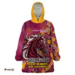 personalised broncos naidoc week 2024 wearable blanket hoodie aboriginal fire burning sparks
