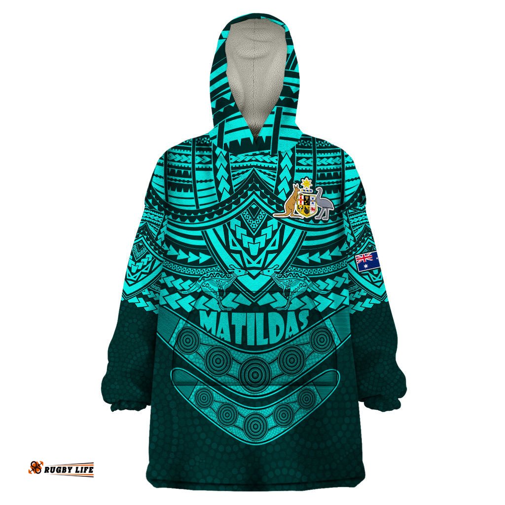 custom matildas soccer wearable blanket hoodie polynesian and aboriginal turquoise vibe