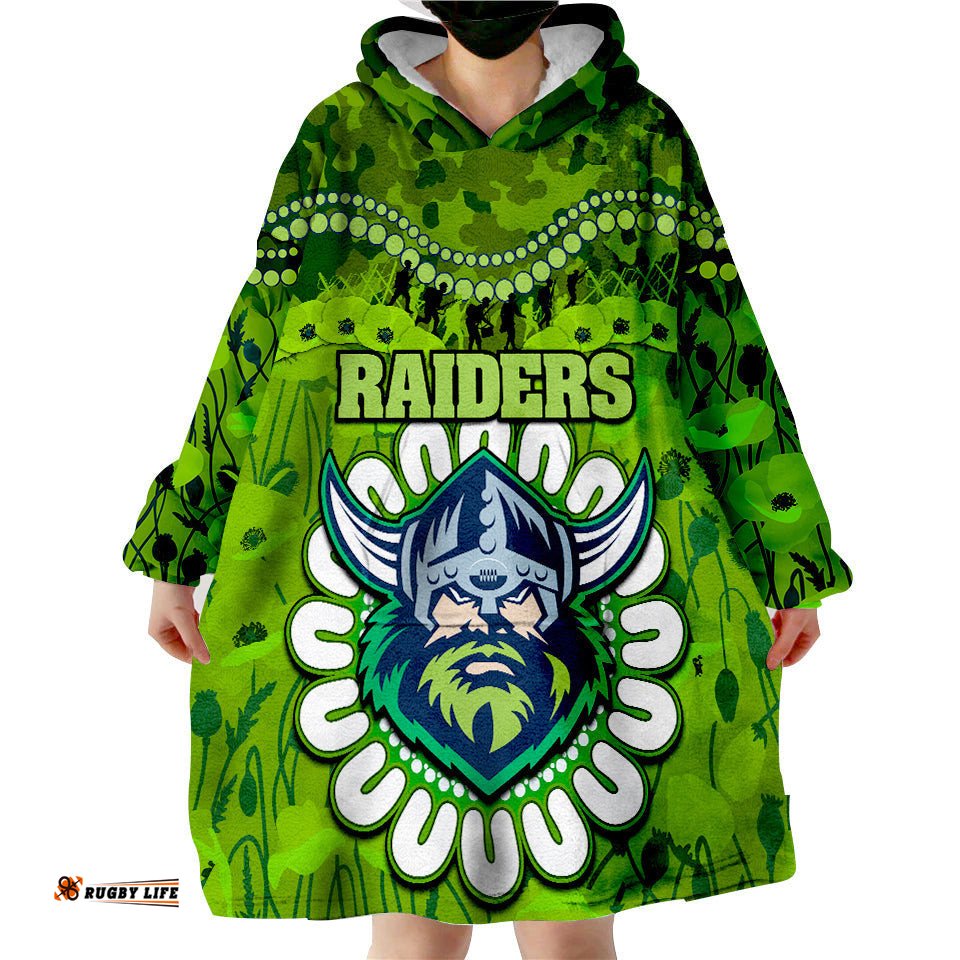 raiders rugby anzac wearable blanket hoodie camouflage poppy
