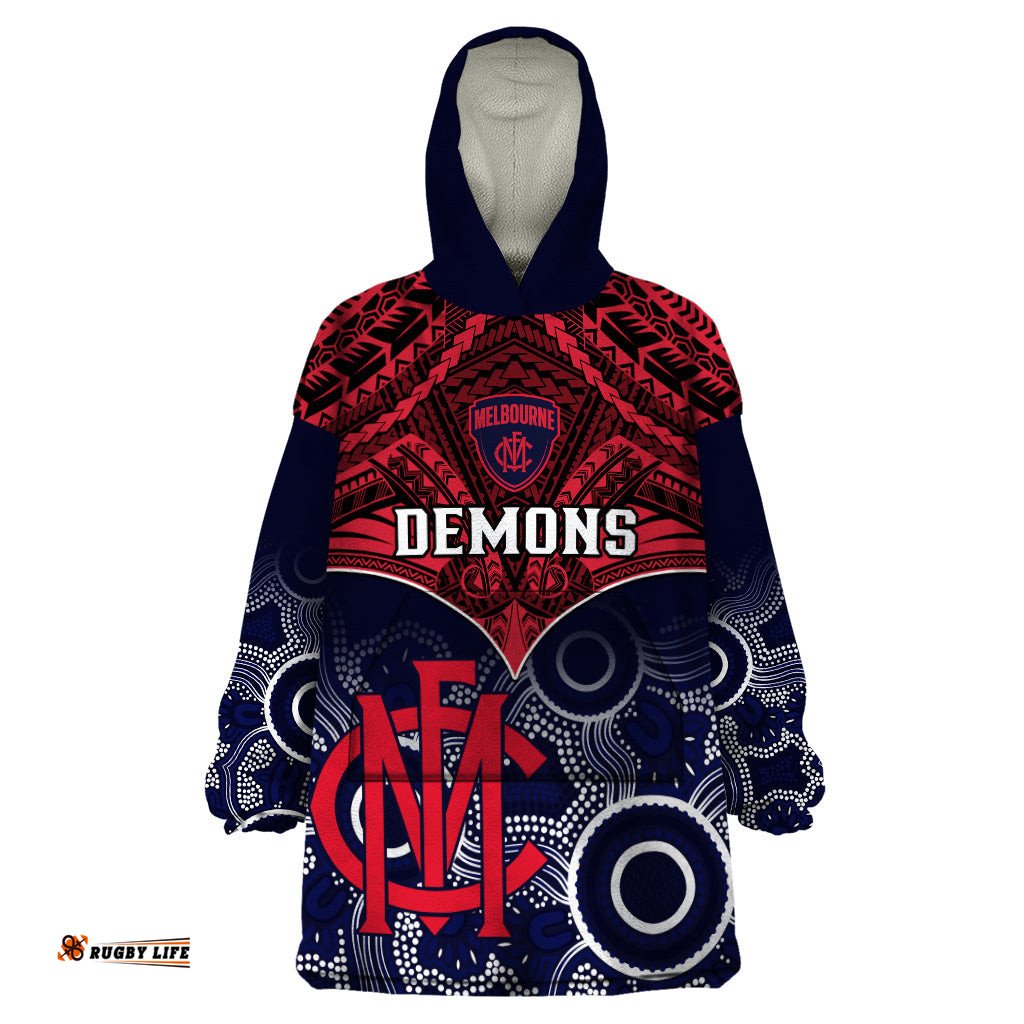 personalised melbourne football wearable blanket hoodie go demons aboriginal mix polynesian pattern