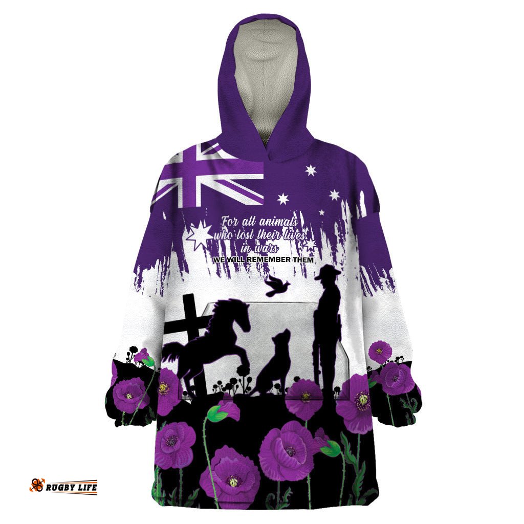australia animal heroes anzac wearable blanket hoodie purple poppy we will remember them