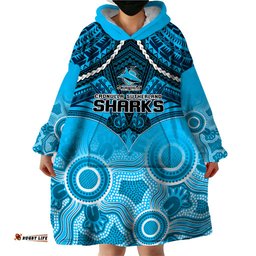 personalised sharks rugby wearable blanket hoodie go sharkies aboriginal mix polynesian pattern