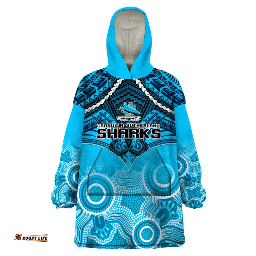personalised sharks rugby wearable blanket hoodie go sharkies aboriginal mix polynesian pattern