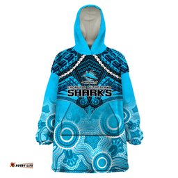 personalised sharks rugby wearable blanket hoodie go sharkies aboriginal mix polynesian pattern