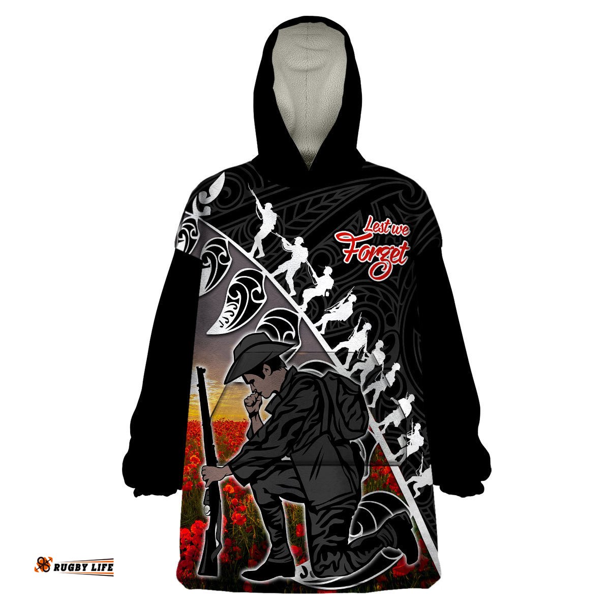 aotearoa anzac day wearable blanket hoodie maori fern with poppy vibe