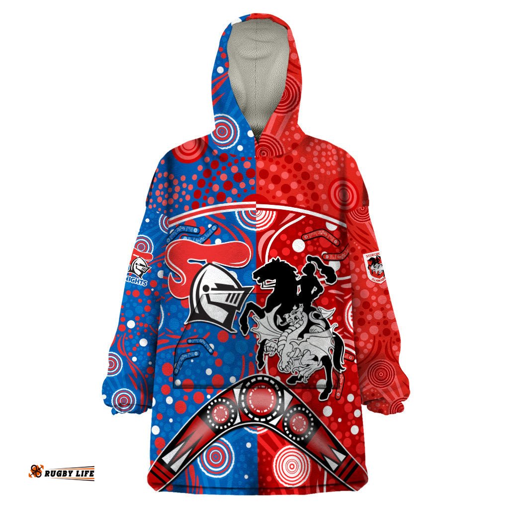 nrl knights and dragons together wearable blanket hoodie boomerang indigenous dots