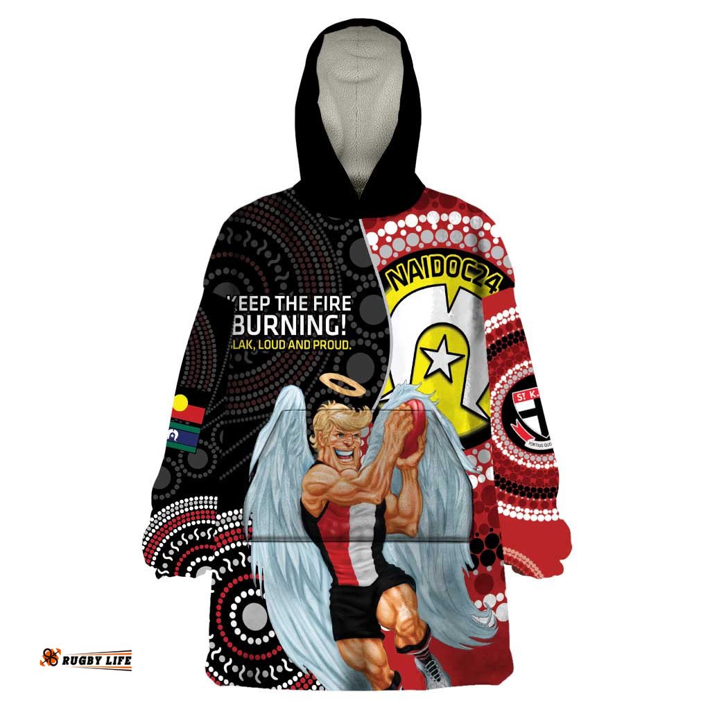 custom afl st kilda naidoc week wearable blanket hoodie keep the fire burning indigenous art