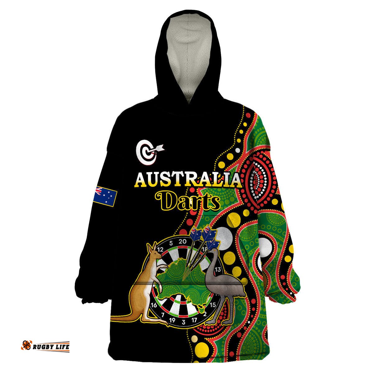 custom personalised australia darts indigenous art mix kangaroo and emu wearable blanket hoodie