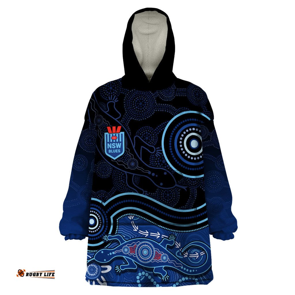 personalised nsw blues rugby indigenous wearable blanket hoodie lizard aboriginal dot art
