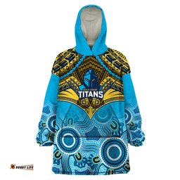 personalised titans rugby wearable blanket hoodie aboriginal mix polynesian pattern
