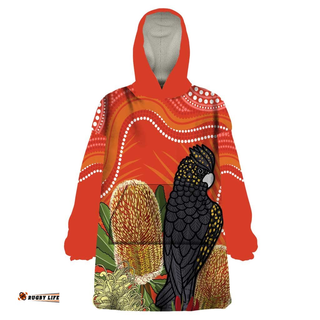 personalised australia banksia and black cockatoo wearable blanket hoodie aboriginal art