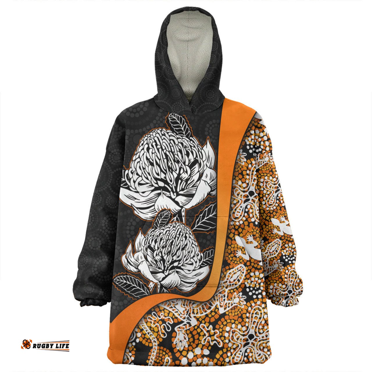 Australia Warratah Goanna Aboriginal Snug Hoodie - Waratah Flowers With Orange Lizards, Stones, Sand Dot Art Painting Inspired Snug Hoodie