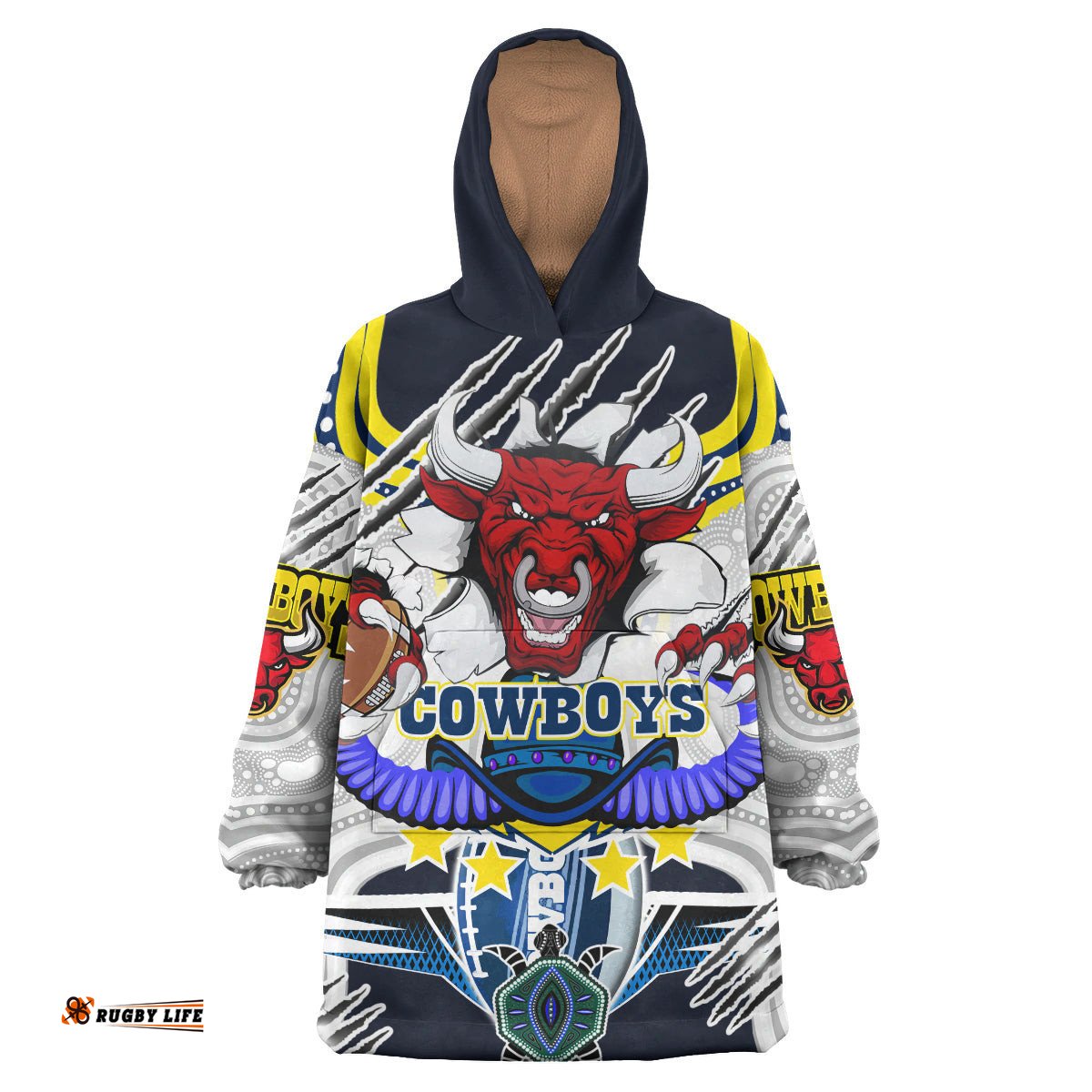 cowboys aboriginal rugby snug hoodie indigenous north queensland super cows with sea turtle scratch style oodie blanket