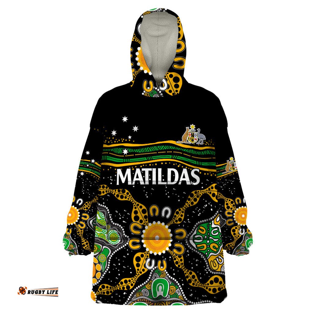 custom text and number matildas australia soccer wearable blanket hoodie aboriginal dots style