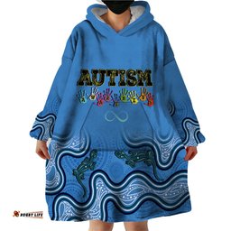 australia autism awareness wearable blanket hoodie in april we wear blue aboriginal lizard
