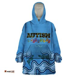 australia autism awareness wearable blanket hoodie in april we wear blue aboriginal lizard