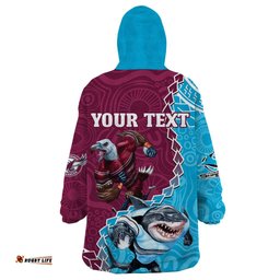 personalised eagles and sharks rugby wearable blanket hoodie aboriginal mix polynesian pattern