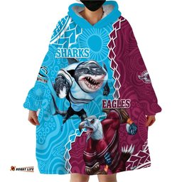 personalised eagles and sharks rugby wearable blanket hoodie aboriginal mix polynesian pattern