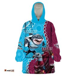 personalised eagles and sharks rugby wearable blanket hoodie aboriginal mix polynesian pattern