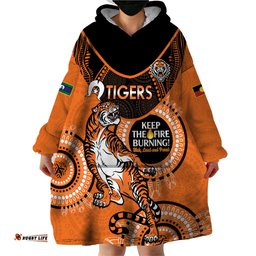 custom nrl tigers naidoc week wearable blanket hoodie keep the fire burning indigenous art