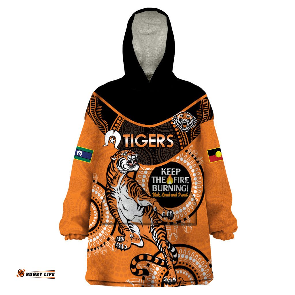 custom nrl tigers naidoc week wearable blanket hoodie keep the fire burning indigenous art