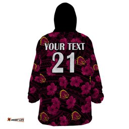 custom text and number broncos rugby wearable blanket hoodie polynesian style with hibiscus
