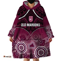 custom qld maroons rugby wearable blanket hoodie aboriginal mix polynesian pattern