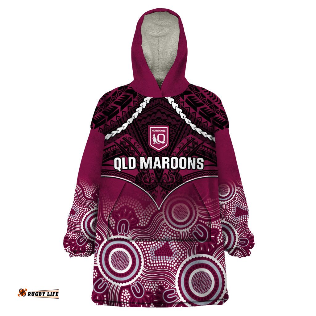 custom qld maroons rugby wearable blanket hoodie aboriginal mix polynesian pattern