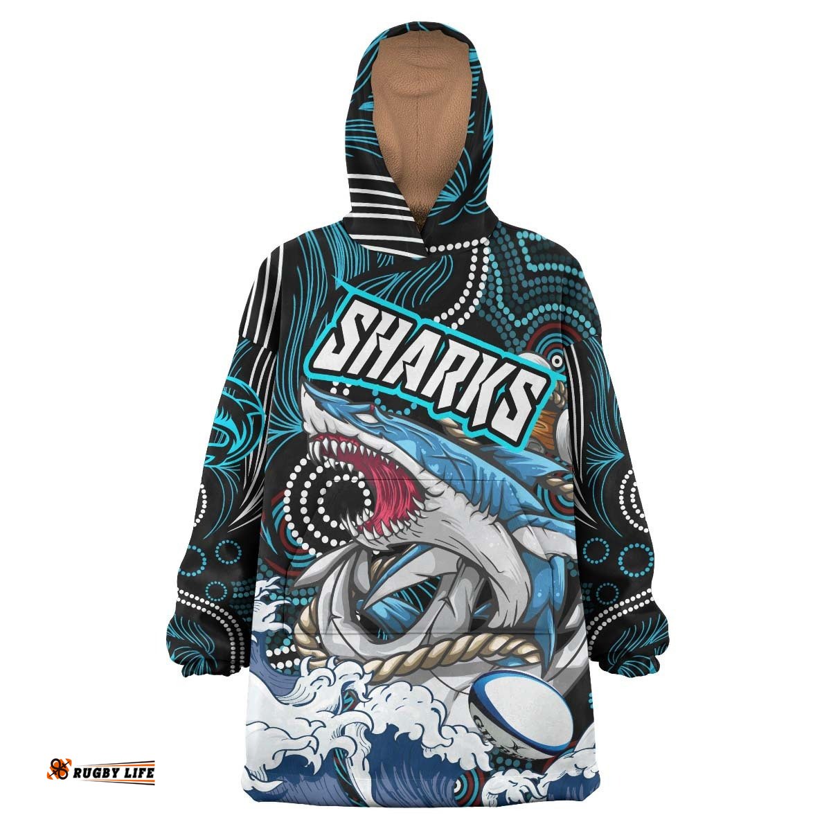sharks rugby snug hoodie custom impetuous sharks with rugby ball and aboriginal dot painting art oodie blanket