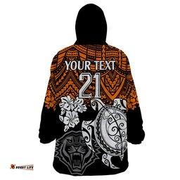 custom wests tigers rugby wearable blanket hoodie hibiscus and turtle with polynesian pattern