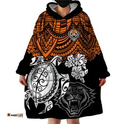 custom wests tigers rugby wearable blanket hoodie hibiscus and turtle with polynesian pattern