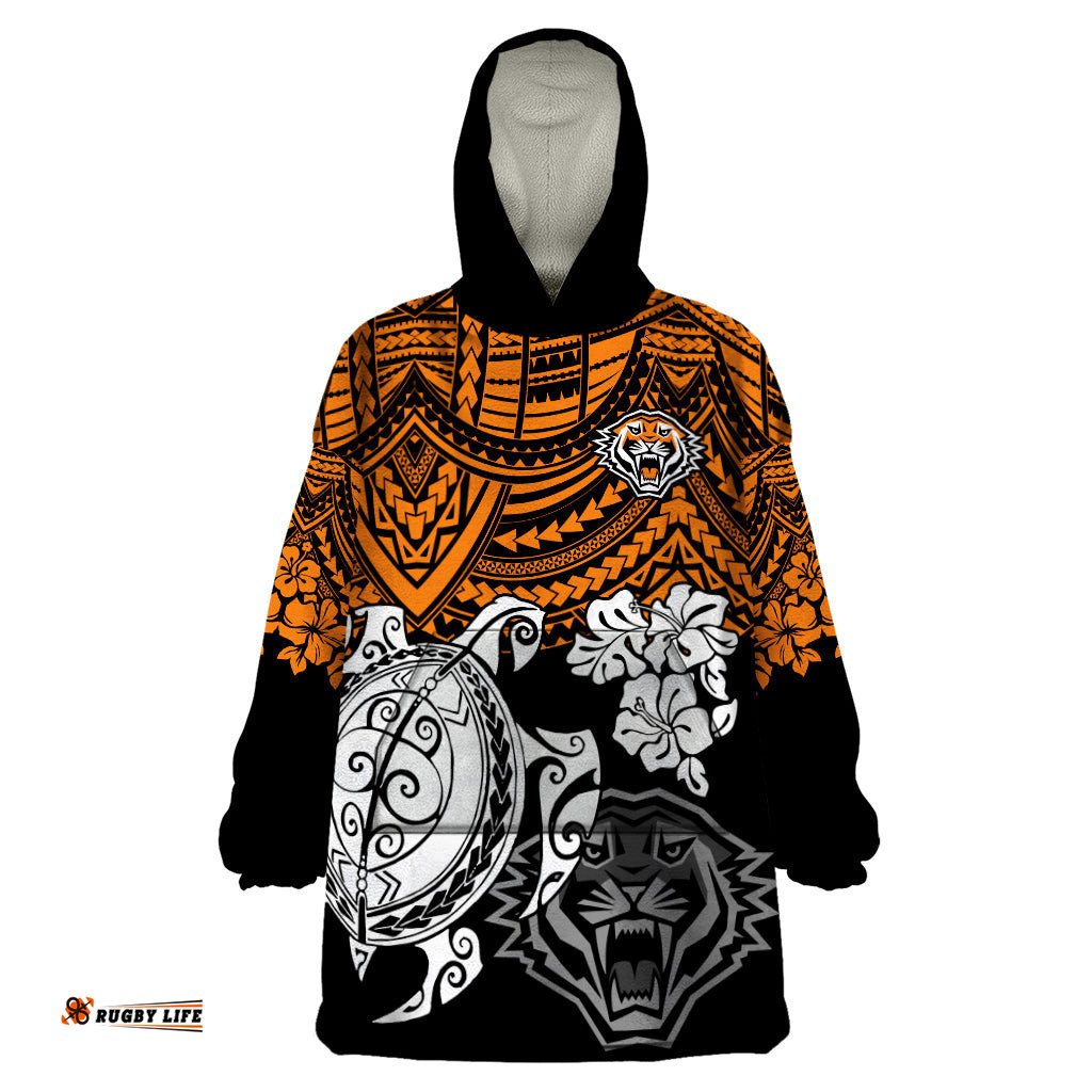 custom wests tigers rugby wearable blanket hoodie hibiscus and turtle with polynesian pattern