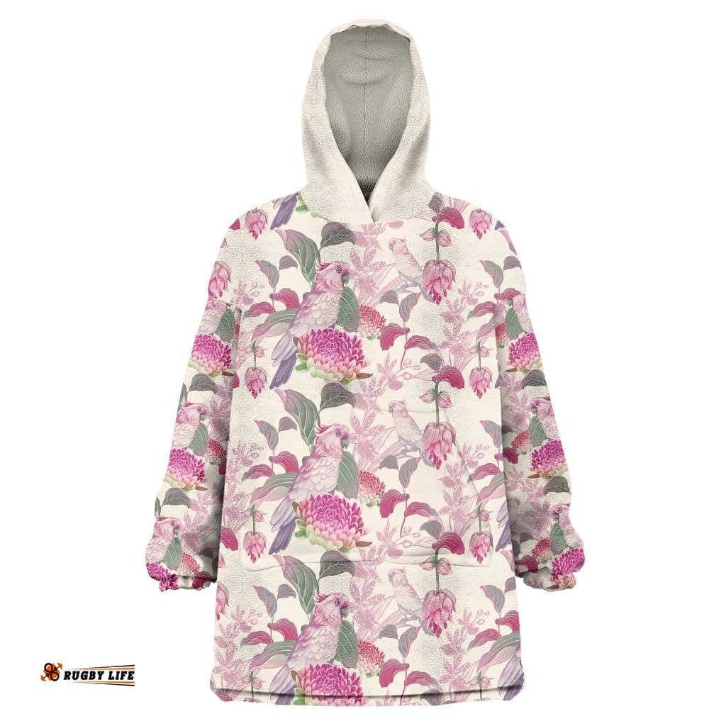 pink cockatoo australia wearable blanket hoodie tropical flowers seamless pattern