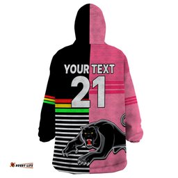 custom text and number penrith panthers rugby wearable blanket hoodie proud the panthers comeback black and pink