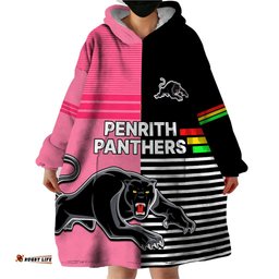 custom text and number penrith panthers rugby wearable blanket hoodie proud the panthers comeback black and pink
