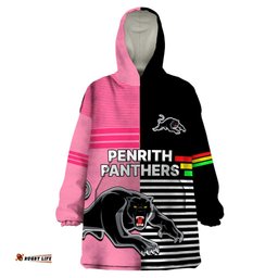 custom text and number penrith panthers rugby wearable blanket hoodie proud the panthers comeback black and pink