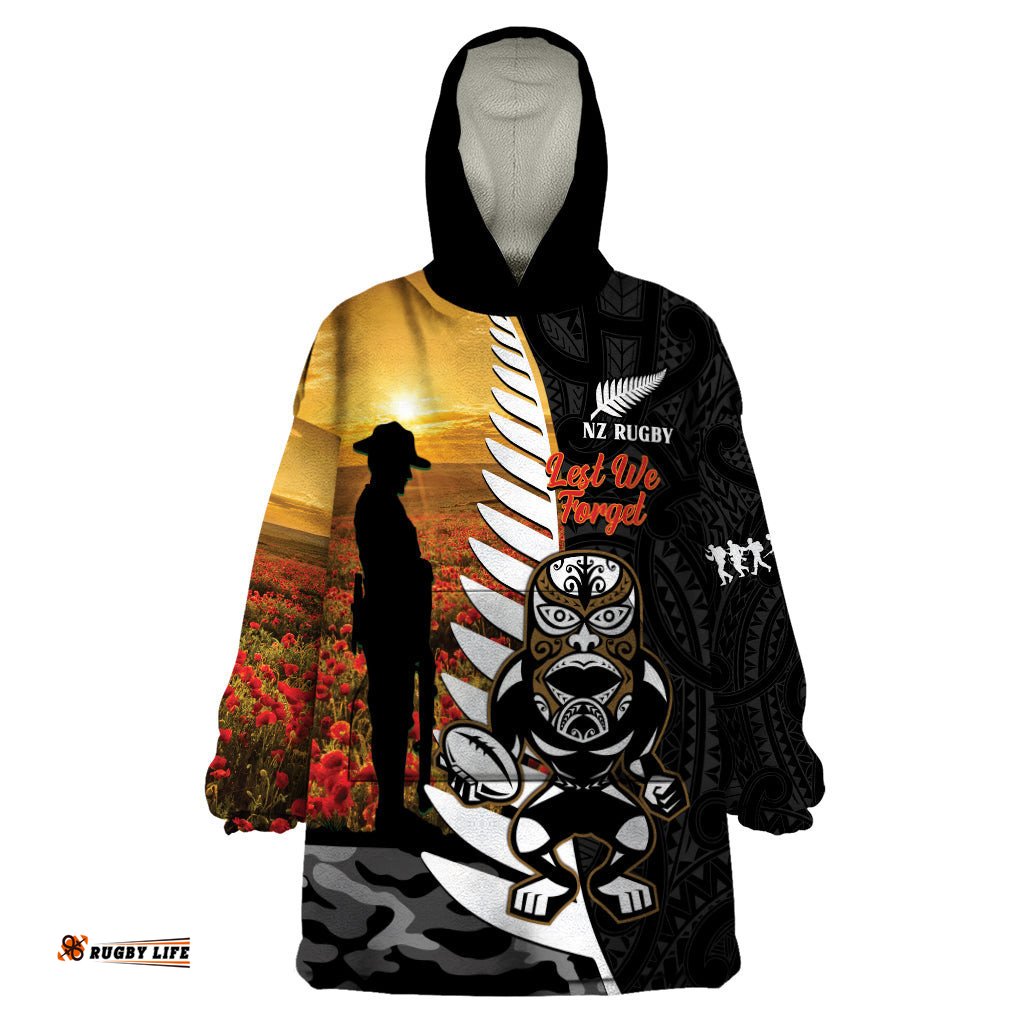 custom new zealand silver fern rugby anzac day wearable blanket hoodie 2024 all black tiki mascot