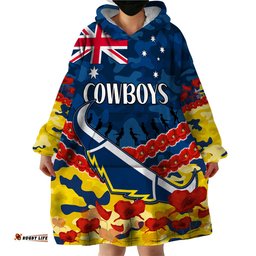 custom text and number cowboys rugby anzac wearable blanket hoodie lest we forget