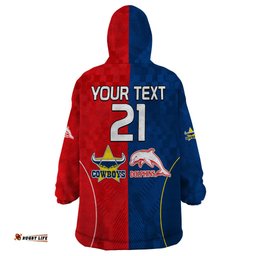 custom text and number nrl half dolphins and half cowboys rugby wearable blanket hoodie sporty style