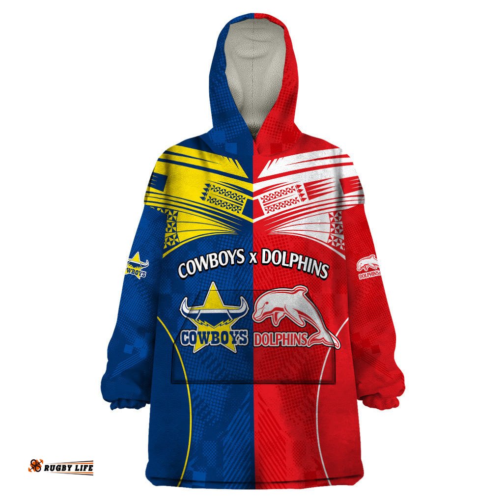 custom text and number nrl half dolphins and half cowboys rugby wearable blanket hoodie sporty style