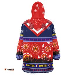 Sydney Roosters Christmas Snug Hoodie - Custom Sydney Roosters Ugly Christmas And Aboriginal Inspired Patterns Oodie Blanket