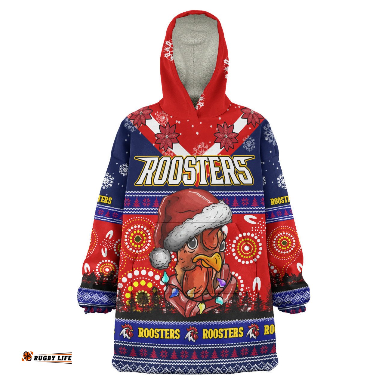 Sydney Roosters Christmas Snug Hoodie - Custom Sydney Roosters Ugly Christmas And Aboriginal Inspired Patterns Oodie Blanket