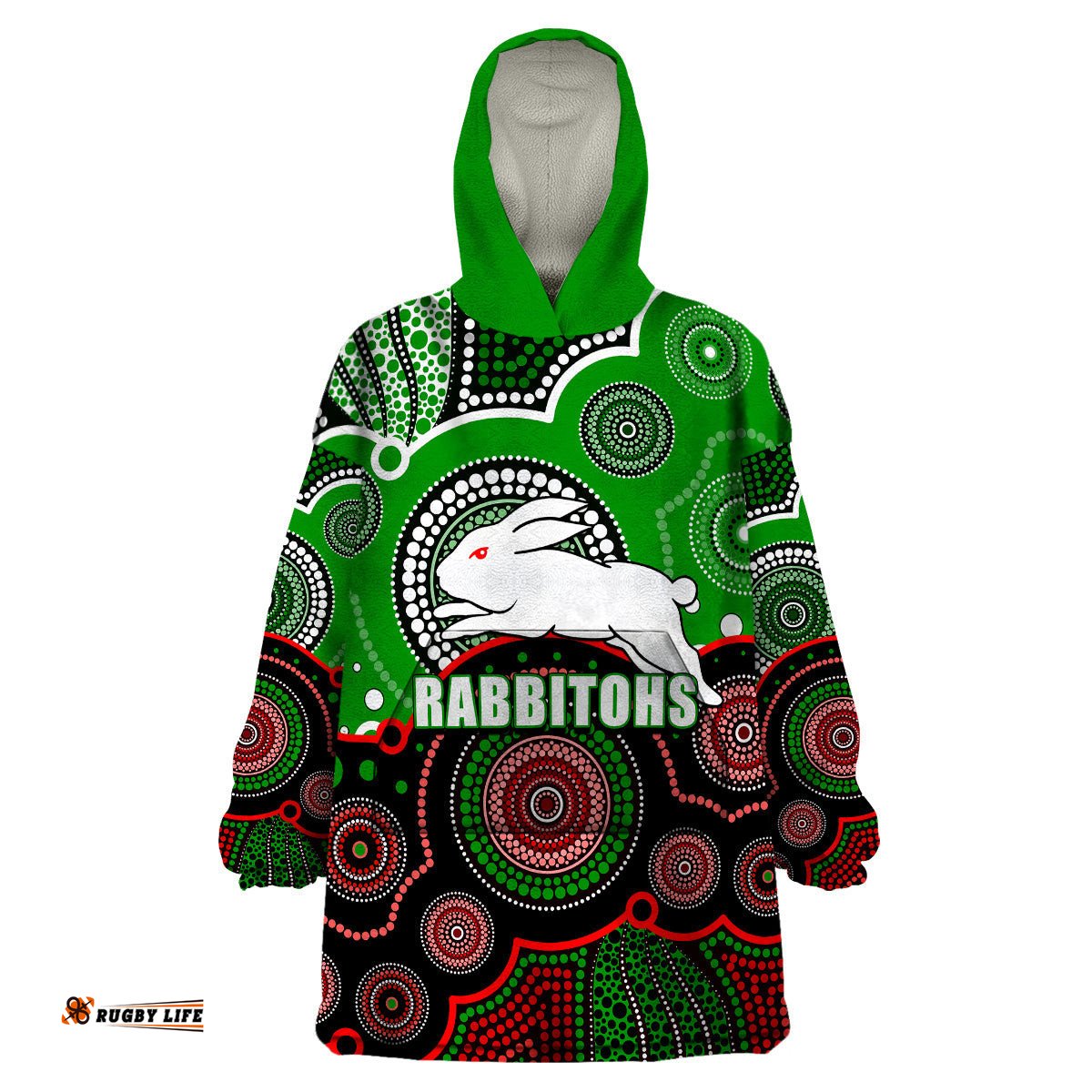 custom personalised and number rabbitohs nrl wearable blanket hoodie aboriginal patterns