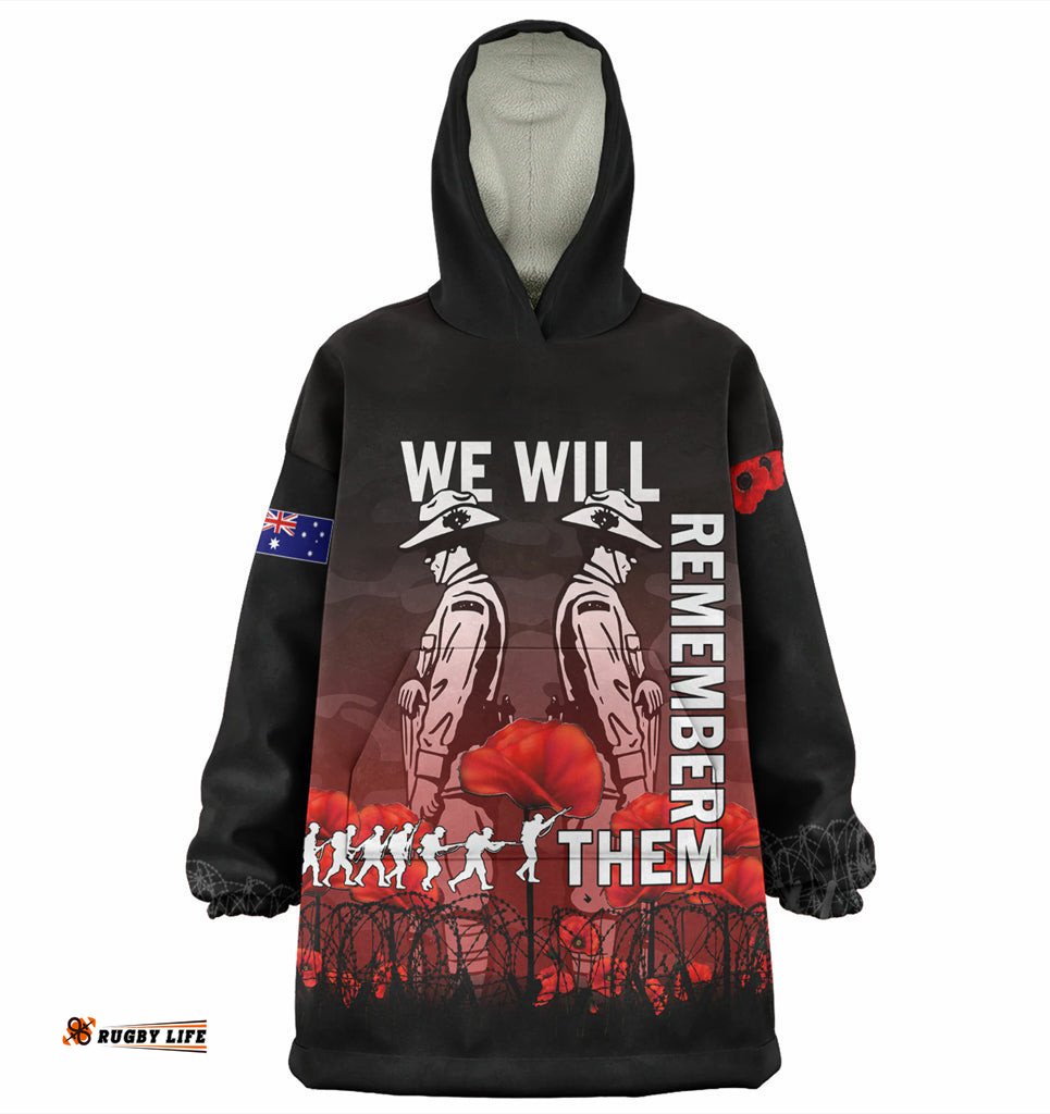 australia anzac day wearable blanket hoodie anzac day soldier we will remember them wearable blanket hoodie red